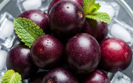 Des baies de maqui fraîches de couleur violet foncé, avec quelques feuilles.
