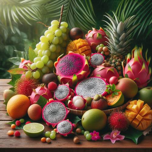 Assortiment de fruits exotiques comprenant des mangues, des ananas, des kiwis, des papayes et des grenades. Cette sélection colorée et savoureuse évoque les saveurs tropicales et l'exotisme. Dégustez ces fruits frais et juteux pour une expérience gustative unique